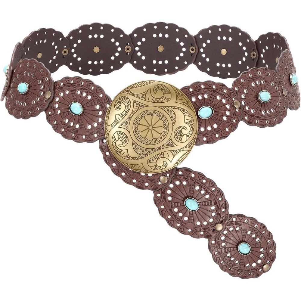 Woman's Wide Western Disc Belt Boho Country Leather Waist Belts for Jeans